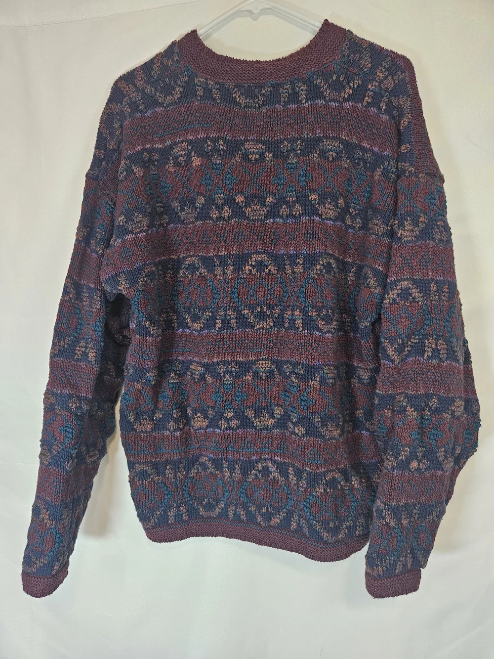 Lake Harmony Vintage 100% Cotton Burgundy and Navy Geometric Knit Sweater